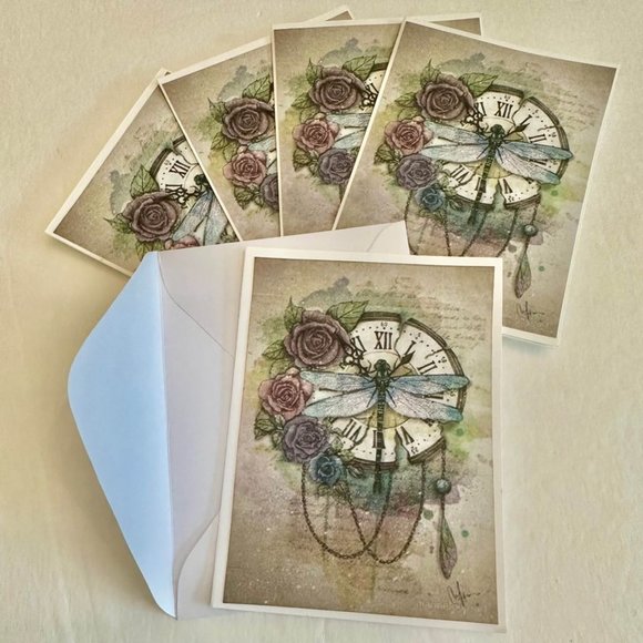 Set of 5- DRAGONFLY CLOCK handmade folded blank gift, greeting, journaling, happ - Picture 3 of 3